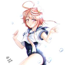 Rule 34 | 1girl, ahoge, artist name, black one-piece swimsuit, blue sailor collar, blush, cowboy shot, dated, hair between eyes, i-58 (kancolle), kantai collection, neckerchief, one-piece swimsuit, parted lips, pink eyes, pink hair, pink neckerchief, sailor collar, school swimsuit, school uniform, serafuku, short hair, signature, simple background, solo, swimsuit, swimsuit under clothes, tk8d32, white background