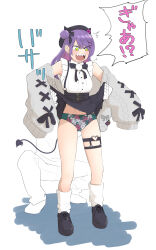 Rule 34 | 1boy, 1girl, beret, cardigan, clothes lift, colored inner hair, commentary request, demon tail, ear piercing, floral print, green eyes, hat, high-waist skirt, highres, hololive, jirai kei, kimigatame04, lifting another&#039;s clothes, long hair, loose socks, multicolored hair, official alternate costume, open mouth, panties, piercing, print panties, purple hair, sharp teeth, shoes, simple background, skirt, skirt lift, socks, solo focus, standing, tail, tail ornament, tail piercing, teeth, thigh strap, tokoyami towa, tokoyami towa (jirai kei), underwear, virtual youtuber