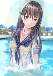 Rule 34 | 1girl, anegasaki nene, bad id, bad pixiv id, day, long hair, looking at viewer, love plus, md5 mismatch, mole, mole under eye, nannacy7, partially submerged, school uniform, serafuku, sky, smile, solo, swimsuit, swimsuit under clothes, umbrella, water, wet, wet clothes