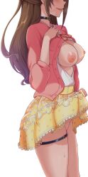 Rule 34 | 1girl, absurdres, black choker, blush, breasts, brown hair, cardigan, choker, covered erect nipples, drooling, female pubic hair, heart, heart choker, highres, idolmaster, idolmaster cinderella girls, large breasts, long hair, nipples, open clothes, open mouth, open shirt, pink cardigan, pubic hair, red ribbon, ribbon, saliva, sex toy, shimamura uzuki, shirt, simple background, skirt, smile, solo, standing, thighlet, twogie, vibrator, white background, white shirt, yellow skirt