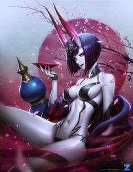 Rule 34 | 1girl, alcohol, alternate breast size, blue eyes, breasts, cherry blossoms, cleavage, cup, covered erect nipples, eyeliner, fate/grand order, fate (series), gourd, horns, japanese clothes, kimono, looking at viewer, makeup, medium breasts, navel, aged up, parted lips, petals, revealing clothes, sakazuki, sake, short hair, shuten douji (fate), sitting, solo, teeth, watermark, web address, zeronis