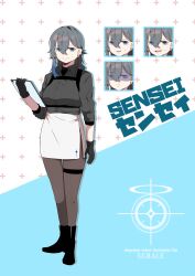 Rule 34 | 1girl, absurdres, black footwear, black gloves, black shirt, blue archive, blue eyes, boots, character name, earrings, english text, female sensei (blue archive), gloves, grey hair, grey skirt, highres, holding, holding tablet pc, holster, jewelry, miniskirt, mixed-language text, multiple views, pantyhose, sensei (blue archive), shirt, single earring, skirt, stud earrings, tablet pc, tsukuba 0623