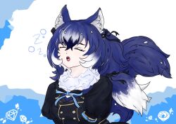 Rule 34 | 1girl, 8tciv0safx84073, animal ears, blue background, blue hair, bow, bowtie, dire wolf (kemono friends), extra ears, highres, jacket, kemono friends, kemono friends v project, long hair, ribbon, scarf, simple background, solo, tail, twintails, upper body, virtual youtuber, wolf ears, wolf girl, wolf tail