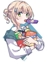 Rule 34 | 1girl, blonde hair, blue bow, blue necktie, blue sweater vest, blush, bow, character name, collared shirt, commentary, cropped torso, dress shirt, food, food in mouth, green eyes, hair bow, hair bun, holding, holding food, holding snack, kaburaki roco, kashikaze, long sleeves, looking at viewer, necktie, nijisanji, purple bow, school uniform, shirt, short hair with long locks, sidelocks, simple background, snack, solo, sweater vest, transparent background, upper body, virtual youtuber, white shirt