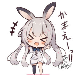 &gt;_&lt; +++ 1girl :d animal_ears barefoot beni_shake black_thighhighs blush chibi closed_eyes clothes_writing colored_shadow commentary_request facing_viewer full_body grey_hair headphones headphones_around_neck lilly_(reverseblue) long_hair no_shoes open_mouth outstretched_arms print_shirt rabbit_ears reverseblue_x_re-birthend shadow shirt short_sleeves signature single_thighhigh smile solo spread_arms standing thighhighs translation_request v-shaped_eyebrows very_long_hair white_shirt wide_sleeves xd