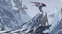 Rule 34 | animal focus, beak, claws, commentary, day, fins, flying, from side, full body, grey sky, head fins, legiana, looking ahead, monster, monster hunter (series), mountain, no humans, outdoors, profile, sitting, sky, snow, snowing, tail, talons, wings, xilan tea, yellow eyes