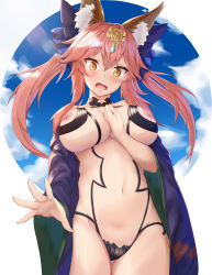 Rule 34 | 1girl, absurdres, animal ear fluff, animal ears, bad id, bad pixiv id, bare shoulders, blue background, blue sky, blush, bow, breasts, cloud, commentary request, cosplay, cowboy shot, day, embarrassed, fang, fate/grand order, fate (series), fox ears, fox girl, from below, hair bow, hand on own chest, headpiece, highres, large breasts, long hair, long sleeves, looking at viewer, looking down, navel, nipple slip, nipples, off shoulder, open mouth, outside border, pink hair, ponta (velmar), revealing clothes, shuten douji (fate) (cosplay), shuten douji (fate), sidelocks, skin fang, sky, solo, stomach, sweat, tamamo (fate), tamamo no mae (fate/extra), twintails, wide sleeves, yellow eyes