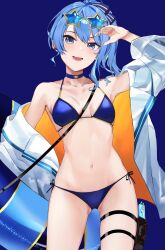 Rule 34 | 1girl, :d, arm up, aya02ka, bikini, blue background, blue bikini, blue choker, blue hair, blue nails, breasts, choker, collarbone, commentary request, eyewear on head, fingernails, highres, holding, holding swim ring, hololive, hoshimachi suisei, innertube, jacket, light blush, looking at viewer, medium breasts, nail polish, navel, open clothes, open jacket, open mouth, ponytail, pouch, side-tie bikini bottom, simple background, smile, solo, star-shaped eyewear, star (symbol), stomach, sunglasses, swim ring, swimsuit, thigh pouch, thigh strap, two-sided fabric, two-sided jacket, virtual youtuber