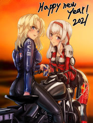 Rule 34 | 2021, 2girls, :d, alternate costume, ass, biker clothes, bikesuit, black pants, blonde hair, blue eyes, blush, bodysuit, breasts, can, cleavage, from behind, grey shirt, hairband, happy new year, highres, holding, holding can, hornet (kancolle), kantai collection, long hair, looking at viewer, motor vehicle, motorcycle, multiple girls, new year, open mouth, pants, parazan d, purple eyes, red bull, red hairband, shirt, shoukaku (kancolle), sitting, skin tight, smile, sunrise, undersuit, vehicle request, white hair