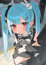 Rule 34 | 1boy, 1girl, :t, arm hug, black bow, black jacket, black nails, black shirt, black skirt, blue hair, blurry, blurry background, blush, bow, closed mouth, collared shirt, commentary request, depth of field, dress shirt, ear piercing, earrings, frilled sleeves, frills, hair bow, hair ornament, hairclip, highres, jacket, jewelry, kanae (tsukiman), long hair, long sleeves, looking at viewer, nail polish, original, piercing, pout, puffy long sleeves, puffy sleeves, rabbit hair ornament, red eyes, ring, shirt, skirt, sleeves past wrists, solo focus, tsukiman, twintails, very long hair