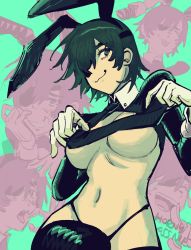 Rule 34 | 1girl, :3, animal ears, black hair, black necktie, black thighhighs, breasts, chainsaw man, clone, closed eyes, cover, detached collar, detached sleeves, eyepatch, fake animal ears, green background, highres, himeno (chainsaw man), holding necktie, large breasts, laughing, leotard, liowig, looking to the side, midriff, necktie, ok sign, open mouth, panties, playboy bunny, pointing, rabbit ears, short hair, sleeve cuffs, smile, solo, tears, thick thighs, thighhighs, thighs, tongue, underwear