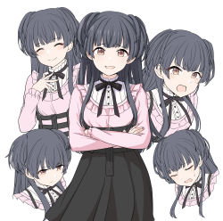 Rule 34 | 1girl, absurdres, black hair, black skirt, blouse, blush, brown eyes, closed eyes, closed mouth, clothing request, commentary request, crossed arms, eyes visible through hair, frown, highres, idolmaster, idolmaster shiny colors, kaede (harutan109), mayuzumi fuyuko, multiple views, open mouth, pink shirt, shirt, simple background, skirt, smile, sweatdrop, tagme, white background