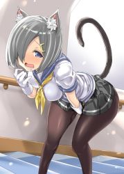Rule 34 | 1girl, animal ear fluff, animal ears, blue eyes, blush, breasts, bulbonne, cat ears, cat tail, commentary request, covering crotch, covering privates, drooling, gloves, grey skirt, hair ornament, hair over one eye, hairclip, hamakaze (kancolle), hand to own mouth, have to pee, indoors, kantai collection, large breasts, leaning forward, open mouth, pantyhose, pee, peeing, peeing self, pleated skirt, school uniform, serafuku, short hair, short sleeves, silver hair, skirt, solo, striped clothes, striped skirt, tail, white gloves