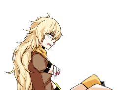 Rule 34 | 1girl, amputee, bandages, blonde hair, blood, female focus, open mouth, profile, purple eyes, rwby, solo, spoilers, tears, trembling, white background, yang xiao long