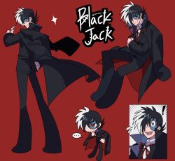 Rule 34 | !, ..., 1boy, black coat, black jack (character), black jack (series), black suit, character name, chibi, chibi inset, coat, denaseey, emphasis lines, flying sweatdrops, formal, frown, hair over one eye, hand on own chin, hand on own hip, highres, holding scalpel, looking at viewer, looking back, multicolored hair, open mouth, patchwork skin, red background, red eyes, red ribbon, ribbon, scalpel, scar, scar on face, shirt, sideburns, simple background, sitting, smile, sparkle, speech bubble, split-color hair, stitches, suit, sweatdrop, twitter username, two-tone hair, white shirt, wide-eyed