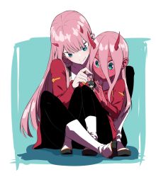 Rule 34 | 10s, 2girls, aged down, aqua eyes, between legs, black pantyhose, blue background, boots, character doll, colored sclera, colored skin, darling in the franxx, dual persona, expressionless, hair between eyes, hiro (darling in the franxx), horns, charm (object), long hair, long sleeves, looking down, lsw (dltjddnja), multiple girls, pantyhose, pink hair, red sclera, red skin, shadow, simple background, sitting, smile, time paradox, uniform, very long hair, white footwear, zero two (darling in the franxx)
