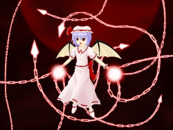 Rule 34 | 1girl, bat wings, chain, commentary request, dress, hat, light, mob cap, moon, night, night sky, pink dress, puffy short sleeves, puffy sleeves, purple hair, pzsumire, red moon, remilia scarlet, short sleeves, sky, solo, spell card, touhou, wings
