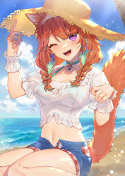 Rule 34 | 1girl, ;d, animal ears, beach, blue hair, blue shorts, blue sky, blush, braid, cat ears, cat tail, collar, commentary, crop top, denim, denim shorts, dust, feet out of frame, gradient hair, green hair, hat, highres, hololive, hololive english, medium hair, multicolored hair, nail polish, ocean, official alternate costume, one eye closed, open mouth, orange hair, outdoors, paw pose, pink nails, puffy short sleeves, puffy sleeves, purple eyes, shirt, short sleeves, shorts, sky, smile, solo, sparkle, straw hat, streaked hair, symbol-only commentary, tail, takanashi kiara, takanashi kiara (casual), teeth, twin braids, virtual youtuber, wenz, white shirt, wrist cuffs