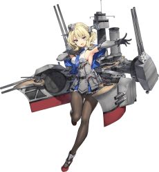 Rule 34 | 1girl, armpits, black pantyhose, blonde hair, blue dress, breasts, cannon, capelet, colorado (kancolle), dress, full body, hand on own chest, kantai collection, machinery, necktie, official art, pantyhose, parsley-f, short hair, sideboob, turret