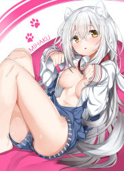 Rule 34 | 1girl, :3, animal ears, braid, breasts, brown eyes, collar, collared shirt, dog ears, dog girl, dog tail, hair between eyes, hands up, head tilt, highres, kamioka shun&#039;ya, long hair, long sleeves, looking at viewer, medium breasts, navel, no bra, open clothes, open shirt, original, overalls, parted lips, paw print, paw print background, red collar, shiori (kamioka shun&#039;ya), shirt, silver hair, sitting, sleeves past wrists, smile, solo, tail, very long hair, white shirt