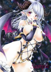 Rule 34 | 1girl, arim0k0, bat wings, black background, black gloves, breasts, cleavage, closed mouth, covered erect nipples, cowboy shot, cross-laced clothes, demon girl, demon horns, demon tail, elbow gloves, finger to mouth, fingernails, gloves, grey hair, highres, horns, large breasts, long fingernails, long hair, looking at viewer, marker (medium), nail polish, navel, original, pointy ears, purple eyes, purple nails, sample watermark, solo, standing, tail, traditional media, watermark, wings