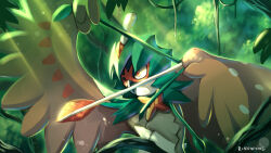 Rule 34 | arrow (projectile), beak, bird, bow (weapon), brown feathers, creatures (company), decidueye, drawing bow, feathers, forest, furry, game freak, gen 7 pokemon, green hood, highres, holding, holding bow (weapon), holding weapon, hood, hood up, nature, nintendo, no humans, orange eyes, outdoors, plant, pokemon, r-nowong, signature, solo, vines, weapon, wings