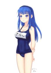 Rule 34 | 1girl, arin, bingsang, blue eyes, blue hair, long hair, matching hair/eyes, name tag, one-piece swimsuit, pangya, school swimsuit, solo, swimsuit, transparent background