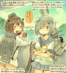 Rule 34 | 10s, 2girls, adapted costume, alternate costume, blue eyes, breasts, bridge, brown eyes, brown hair, colored pencil (medium), dated, dress, eating, hair ornament, hair over one eye, hairclip, hamakaze (kancolle), kantai collection, kirisawa juuzou, medium breasts, multiple girls, neckerchief, numbered, open mouth, pleated skirt, sailor dress, short hair, silver hair, skirt, traditional media, translation request, twitter username, yellow neckerchief, yukikaze (kancolle)
