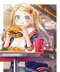 Rule 34 | 1girl, aqua eyes, blonde hair, blush, burger, cheese, cherry hair ornament, coca-cola, commentary request, cup, food, food-themed hair ornament, food themed hair ornament, french fries, hair ornament, holding, holding food, indoors, lettuce, off shoulder, original, panndarake, reflection, shadow, sitting, solo, table, tank top, tongue, tongue out, twintails, upper body, white tank top
