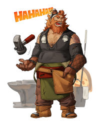 Rule 34 | 1boy, anvil, beard, black shirt, brown footwear, brown gloves, brown hair, brown pants, chest hair, closed eyes, facial hair, full body, gloves, goggles, goggles on head, hammer, hand in pocket, highres, long hair, male focus, open mouth, original, pants, rinotuna, shirt, shoes, sleeveless, sleeveless shirt, smile, solo, standing, tattoo