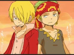 Rule 34 | 2boys, back-to-back, bandana, blonde hair, blue eyes, cigarette, collared shirt, earrings, facial hair, goatee, green eyes, green hair, hair over one eye, jewelry, looking at viewer, male focus, multiple boys, one piece, one piece: strong world, open collar, orange sky, pink shirt, pirate, red shirt, roronoa zoro, sanji (one piece), scar, shirt, sky, smoking, v-neck, yukke