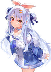 Rule 34 | 1girl, blue hair, blue jacket, blue neckerchief, carrot hair ornament, closed mouth, commentary request, cowboy shot, double bun, food-themed hair ornament, hair bun, hair ornament, hair ribbon, highres, hololive, jacket, kasumi komo, long hair, looking at viewer, neckerchief, open clothes, open jacket, red eyes, ribbon, sailor collar, shirt, simple background, skirt, smile, solo, standing, thick eyebrows, usada pekora, usada pekora (casual), very long hair, virtual youtuber, white background, white sailor collar, white shirt, white skirt