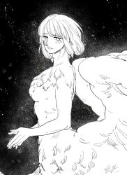 Rule 34 | 1girl, blush, body fur, chimera, dungeon meshi, falin touden, falin touden (chimera), feathered wings, floating hair, from side, greyscale, korean commentary, leeppyang, long sleeves, looking at viewer, looking to the side, monochrome, monster girl, nude, own hands together, short hair, smile, solo, spoilers, taur, upper body, wings
