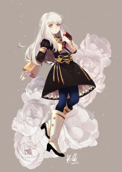 Rule 34 | 1girl, albino, black dress, blue pantyhose, book, boots, dated, dress, fire emblem, fire emblem: three houses, flower, frills, fringe trim, full body, garreg mach monastery uniform, grey background, high heel boots, high heels, holding, holding book, kero sweet, knee boots, long hair, long sleeves, looking at viewer, lysithea von ordelia, nintendo, pantyhose, parted lips, petticoat, red eyes, rose, signature, silver hair, solo, white flower, white footwear, white rose