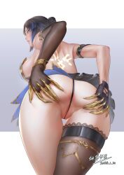 Rule 34 | 1girl, absurdres, anus, anus peek, armband, artist name, ass, ass grab, asymmetrical gloves, bare back, between labia, black armband, black gloves, black hair, black panties, black thighhighs, blue hair, blush, breasts, claw (weapon), cleft of venus, commentary request, dated, elbow gloves, fine fabric emphasis, from behind, g-string, gloves, grabbing own ass, highres, katya (snowbreak), lace, lace-trimmed thighhighs, large breasts, looking back, mismatched gloves, multicolored hair, open mouth, panties, revealing clothes, sideboob, signature, single thighhigh, skirt, snowbreak: containment zone, solo, spread ass, streaked hair, teeth, thigh gap, thighhighs, thong, two-tone hair, underwear, upper teeth only, weapon, xianjie wangling