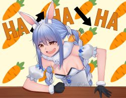 Rule 34 | 1girl, animal ear fluff, animal ears, black gloves, blue hair, braid, breasts, carrot hair ornament, cleavage, clenched hand, commentary, dahadekan, detached sleeves, english text, food-themed hair ornament, fur-trimmed gloves, fur trim, gloves, hair ornament, highres, hololive, laughing, meme, multicolored hair, open mouth, puffy short sleeves, puffy sleeves, rabbit ears, round teeth, scarf, short sleeves, sidelocks, sitting, small breasts, smile, solo, streaked hair, table, tearing up, teeth, thick eyebrows, twintails, twitter username, two-tone hair, upper teeth only, usada pekora, usada pekora (1st costume), virtual youtuber, white hair, white scarf