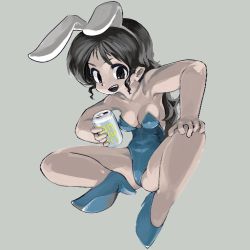 Rule 34 | 1girl, animal ears, black hair, blue leotard, blue theme, breasts, can, cleavage, fake animal ears, full body, gobori, grey background, hairband, hand on own knee, high heels, holding, holding can, leotard, long hair, looking at viewer, medium breasts, open mouth, original, pixel art, playboy bunny, rabbit ears, shoes, simple background, sitting, smile, solo, strapless, strapless leotard