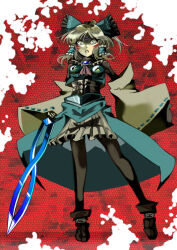 Rule 34 | alternate color, alternate costume, alternate eye color, alternate hair color, alternate weapon, angry, blue gemstone, bow, chest jewel, corruption, crescent, crescent print, crossover, dark persona, double helix, dress, facial mark, facial tattoo, fierce deity, frown, gem, hair bow, hakurei reimu, holding, holding sword, holding weapon, neckerchief, nintendo, possessed, possession, standing, sword, takehumi, tattoo, the legend of zelda, the legend of zelda: majora&#039;s mask, touhou, triangle, weapon, white eyes