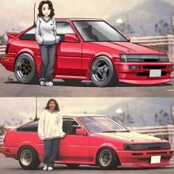 Rule 34 | 1girl, animification, black pants, breasts, brown eyes, collarbone, highres, medium breasts, noerartworks, pants, parted lips, photo-referenced, photo background, radio antenna, real life, red car, reference inset, shoes, sleeves past fingers, sleeves past wrists, smile, sneakers, solo, sweater, sweatpants, toyota, toyota sprinter trueno, vehicle focus, white footwear, white sweater
