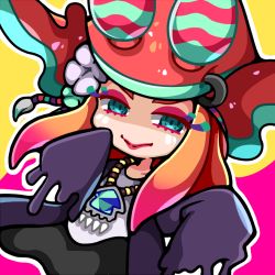 Rule 34 | 1girl, bad id, bad pixiv id, blue eyes, closed mouth, eyelashes, eyeshadow, facial mark, flow (splatoon), half-closed eyes, jewelry, lips, long hair, long sleeves, looking at viewer, lowres, makeup, necklace, nintendo, no nose, orange hair, outline, red lips, sgawarananto, sleeves past fingers, sleeves past wrists, smile, solo, splatoon (series), splatoon 2, white outline