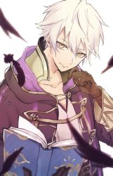 Rule 34 | 1boy, aomeeso, bad id, bad twitter id, book, cape, fire emblem, fire emblem awakening, fire emblem heroes, gloves, hair between eyes, hood, long hair, looking at viewer, male focus, nintendo, robin (fire emblem), robin (male) (fire emblem), short hair, simple background, smile, solo, white background, white hair, wizard
