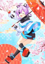 Rule 34 | 1girl, artist name, binato lulu, black shirt, black skirt, black socks, blue skirt, blush, cherry blossoms, commentary request, cosplay, fate/grand order, fate (series), geta, hair between eyes, hair ribbon, holding, holding umbrella, jacket, leg up, looking at viewer, neptune (neptunia), neptune (series), off-shoulder jacket, off shoulder, oil-paper umbrella, one eye closed, open mouth, outstretched arm, purple eyes, purple hair, ribbon, sei shounagon (fate), sei shounagon (fate) (cosplay), shirt, short hair, sidelocks, skirt, socks, solo, two side up, umbrella, v, white jacket