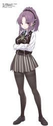 Rule 34 | 1girl, arms under breasts, assault lily, black footwear, black pantyhose, black ribbon, black vest, blouse, braid, breasts, buttons, character profile, closed mouth, collared shirt, commentary request, crossed arms, double-breasted, full body, green necktie, grey skirt, hair ribbon, high ponytail, highres, kuroda bb, loafers, long hair, long sleeves, looking at viewer, medium breasts, miniskirt, necktie, nishikawa miharu, official art, pantyhose, parted bangs, pleated skirt, ponytail, purple hair, red eyes, ribbon, school uniform, shirt, shoes, short necktie, side braids, simple background, skirt, solo, standing, striped clothes, striped skirt, thighband pantyhose, twin braids, v-shaped eyebrows, vertical-striped clothes, vertical-striped skirt, vest, white background, white shirt