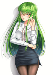 Rule 34 | 1055368649, 1girl, absurdres, artist name:1055368649, black pantyhose, black skirt, breasts, buttons, c.c., code geass, cowboy shot, formal, green hair, hair between eyes, hand up, highres, long hair, long sleeves, looking at viewer, medium breasts, pantyhose, parted lips, ruffling hair, shaded face, shirt, sidelocks, simple background, skirt, smile, solo, standing, suit, thigh gap, very long hair, white background, white shirt, wing collar, yellow eyes