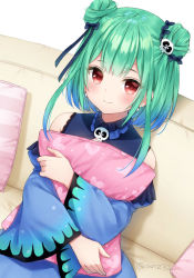 1girl, anz32, black bow, blue dress, blue hair, blue sleeves, blush, bow, closed mouth, commentary request, couch, detached sleeves, double bun, dress, gradient hair, green hair, hair bow, hair ornament, heart, heart print, hololive, juliet sleeves, long sleeves, multicolored hair, on couch, pillow, pillow hug, puffy sleeves, red eyes, simple background, sitting, skull hair ornament, sleeveless, sleeveless dress, smile, solo, uruha rushia, virtual youtuber, white background