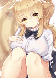 Rule 34 | 1girl, animal ears, bad id, bad pixiv id, black bow, blonde hair, blush, bow, breasts, closed mouth, commentary request, hair between eyes, hand on own chest, hand up, large breasts, long hair, long sleeves, looking at viewer, original, ponytail, shirt, sidelocks, simple background, sitting, smile, solo, tail, white background, white shirt, yellow eyes, yuzu-aki