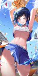 Rule 34 | 1girl, absurdres, alternate costume, armpits, arms up, bangle, bare arms, blue hair, blue skirt, blue sky, bracelet, breasts, cheerleader, choker, cloud, confetti, contemporary, cowboy shot, crop top, crop top overhang, dark blue hair, day, diagonal bangs, dice, from below, genshin impact, green eyes, grin, highres, holding, holding pom poms, jewelry, large breasts, lisa 78, looking at viewer, navel, neck tassel, outdoors, pleated skirt, pom pom (cheerleading), pom poms, shirt, short hair, skirt, sky, sleeveless, sleeveless shirt, smile, solo, stadium, stadium lights, stomach, sweat, tassel, thighs, underboob, water, wet, white choker, white shirt, yelan (genshin impact)