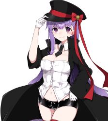 Rule 34 | &gt;:), 10s, 1girl, alternate costume, bad id, bad pixiv id, bb (fate), bb (fate/extra), black coat, black necktie, black shorts, bow, breasts, cleavage, coat, cowboy shot, fate/extra, fate/extra ccc, fate (series), gloves, hat, hat bow, hat tip, highres, large breasts, long hair, long sleeves, looking at viewer, navel, necktie, open clothes, open coat, purple eyes, purple hair, red bow, red ribbon, red thighhighs, ribbon, short shorts, shorts, smile, solo, strapless, takae (poupee en biscuit), thighhighs, tube top, v-shaped eyebrows, very long hair, white background, white gloves