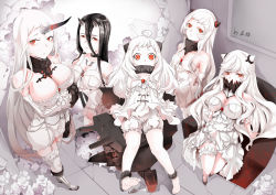 Rule 34 | 10s, 5girls, abyssal ship, ahoge, airfield princess, alternate costume, bare shoulders, battleship princess, black hair, breasts, choker, claws, cleavage, collarbone, colored skin, commentary request, covered mouth, dress, enemy aircraft (kancolle), from above, garter straps, hair between eyes, highres, horns, kabaneneko, kantai collection, large breasts, long hair, looking at viewer, machinery, midway princess, multiple girls, northern ocean princess, red eyes, seaport princess, signature, single horn, sitting, spaghetti strap, turret, white dress, white hair, white legwear, white skin