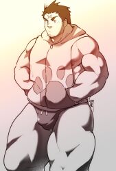 Rule 34 | 1boy, :/, bara, blush, bulge, chest hair, cross scar, facial hair, feet out of frame, goatee stubble, greyscale, hands in pockets, higemorigen, highres, hood, hoodie, houzouin oniwaka, large pectorals, looking at viewer, male focus, male swimwear, mature male, monochrome, muscular, muscular male, nipples, no pants, pectorals, scar, scar on face, scar on forehead, short hair, sidepec, sleeveless, sleeveless hoodie, solo, standing, stubble, swim briefs, thick eyebrows, thick thighs, thighs, thighs together, tokyo houkago summoners, v-shaped eyebrows